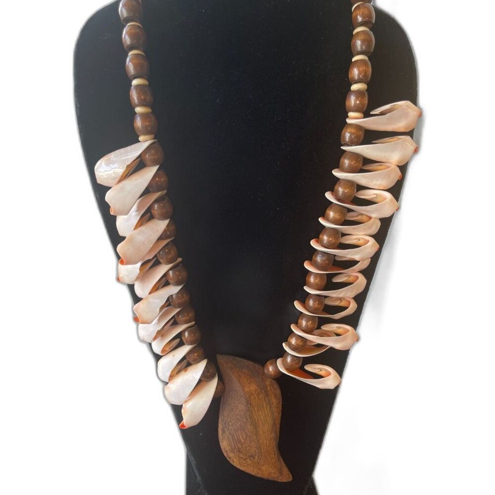 Vintage Wood & Conch Shell Large Statement Pendant Necklace Bead Beach Bohemian